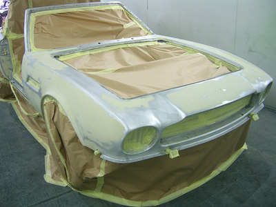 Aston Martin V8 Restoration -
front levelled and masked ready for spray polyester