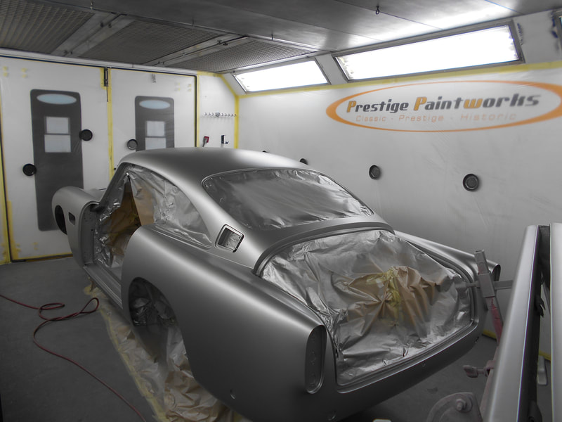 Aston Martin DB5 paintwork - bodyshell in basecoat colour of Silver Birch