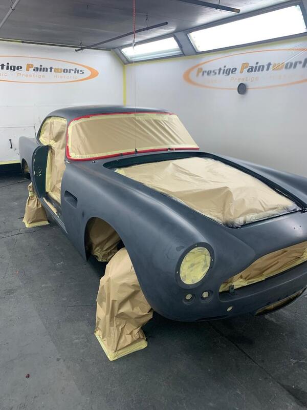 Aston Martin DB4 paintwork - all prepared and masked ready for topcoat