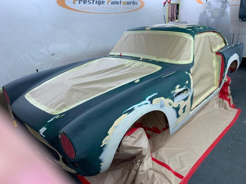 Aston Martin DB4 paintwork - repairs done and masked ready for primer